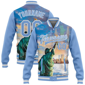 Custom Light Blue White Statue Of Liberty New York City Edition 3D Bomber Full-Snap Varsity Letterman Jacket