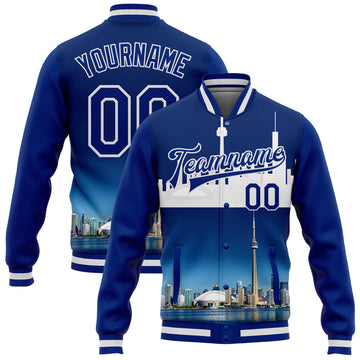 Custom Royal White Toronto Ontario City Edition 3D Bomber Full-Snap Varsity Letterman Jacket