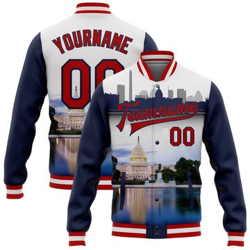 Custom White Red-Navy Capitol Washington City Edition 3D Bomber Full-Snap Varsity Letterman Jacket