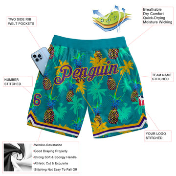 Custom Kelly Green Purple-Gold 3D Pattern Design Palm Trees Pineapples Authentic Basketball Shorts