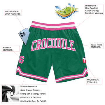 Custom Kelly Green Pink-White Authentic Throwback Basketball Shorts