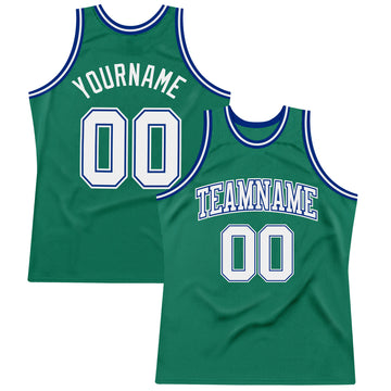 Custom Kelly Green White-Royal Authentic Throwback Basketball Jersey