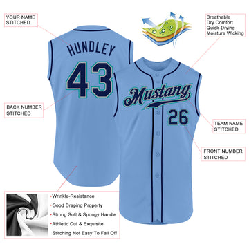 Custom Light Blue Navy-Aqua Authentic Sleeveless Baseball Jersey