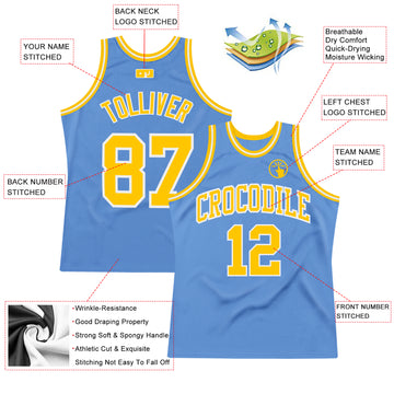 Custom Light Blue Gold-White Authentic Throwback Basketball Jersey