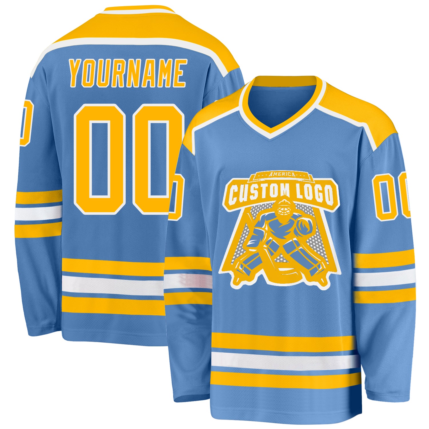 Custom Light Blue Gold Hockey Jersey Discount