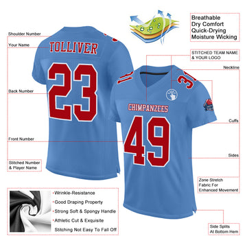 Custom Light Blue Red-White Mesh Authentic Football Jersey