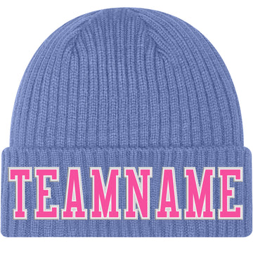 Custom Light Blue Pink-White Stitched Cuffed Knit Hat