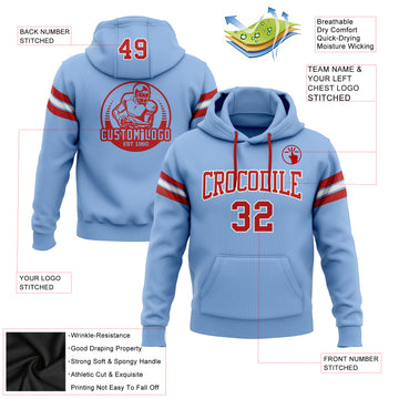 Custom Stitched Light Blue Red-White Football Pullover Sweatshirt Hoodie