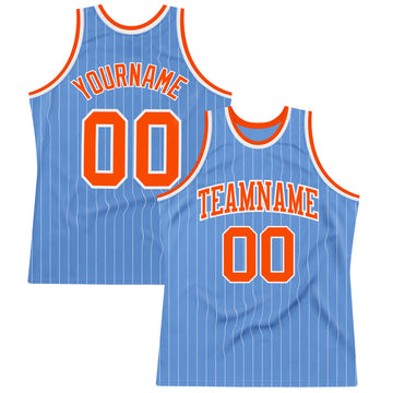 Custom Light Blue White Pinstripe Orange Authentic Basketball Jersey
