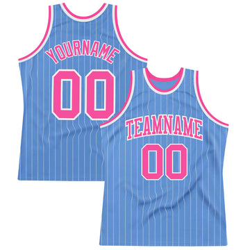 Custom Light Blue White Pinstripe Pink Authentic Basketball Jersey