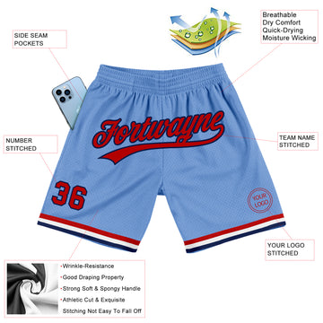 Custom Light Blue Red-Navy Authentic Throwback Basketball Shorts