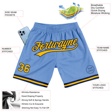Custom Light Blue Gold-Navy Authentic Throwback Basketball Shorts