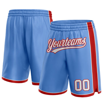 Custom Light Blue White-Red Authentic Basketball Shorts