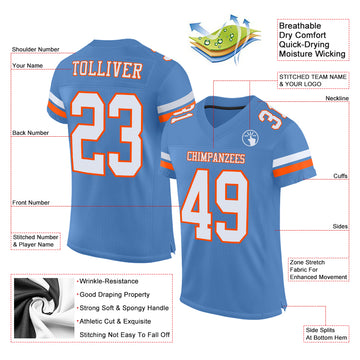 Custom Electric Blue White-Orange Mesh Authentic Football Jersey