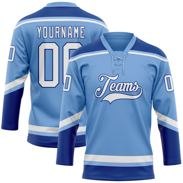 Custom Light Blue White-Royal Hockey Lace Neck Jersey