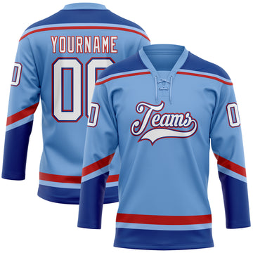 Custom Light Blue White Royal-Red Hockey Lace Neck Jersey