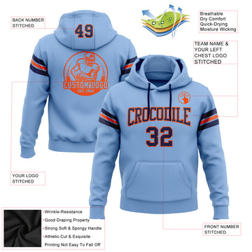 Custom Stitched Light Blue Navy-Orange Football Pullover Sweatshirt Hoodie