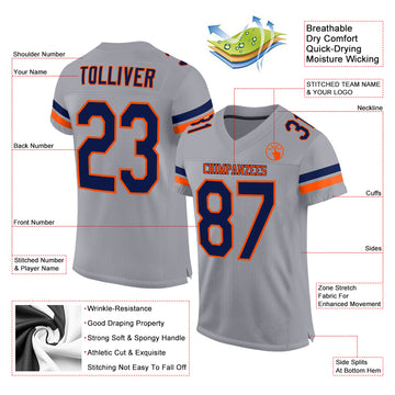 Custom Light Gray Navy-Orange Mesh Authentic Football Jersey