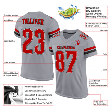 Custom Light Gray Red-Black Mesh Authentic Football Jersey