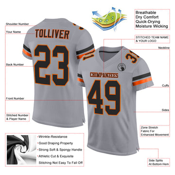 Custom Light Gray Black-Orange Mesh Authentic Football Jersey