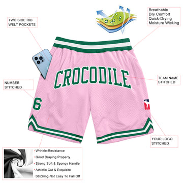 Custom Light Pink Kelly Green-White Authentic Throwback Basketball Shorts