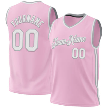 Custom Light Pink White-Gray Authentic Throwback Basketball Jersey