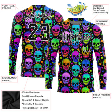 Custom 3D Pattern Bright Multicolored Halloween Skulls Long Sleeve Performance T-Shirt