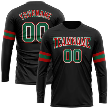 Custom Black Kelly Green Red-White Long Sleeve Performance T-Shirt