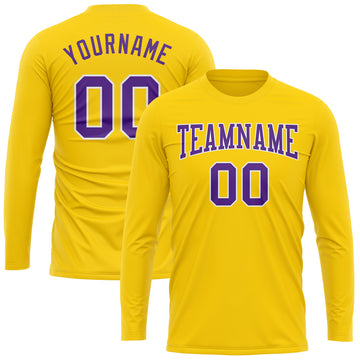 Custom Gold Purple-White Long Sleeve Performance T-Shirt