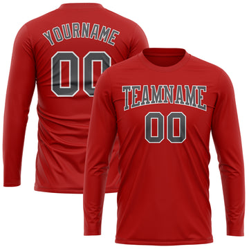 Custom Red Steel Gray-White Long Sleeve Performance T-Shirt