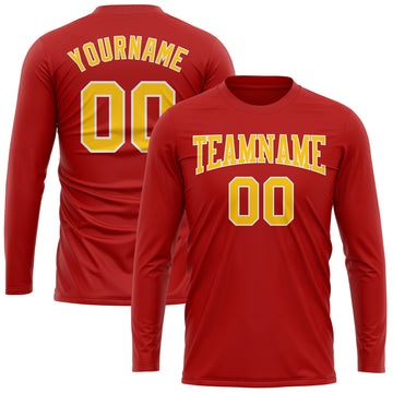 Custom Red Gold-White Long Sleeve Performance T-Shirt