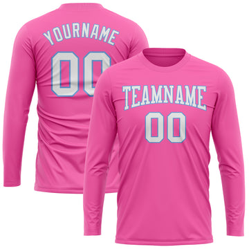 Custom Pink White-Light Blue Long Sleeve Performance T-Shirt