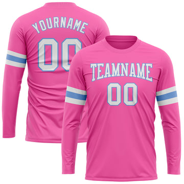 Custom Pink White-Light Blue Long Sleeve Performance T-Shirt