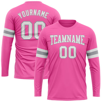 Custom Pink White-Gray Long Sleeve Performance T-Shirt