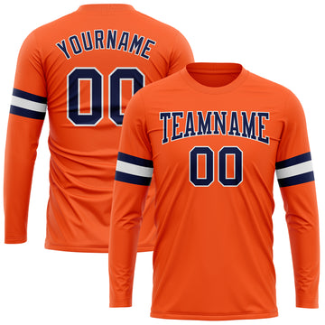 Custom Orange Navy-White Long Sleeve Performance T-Shirt