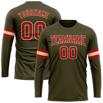 Custom Olive Red-Cream Long Sleeve Performance Salute To Service T-Shirt