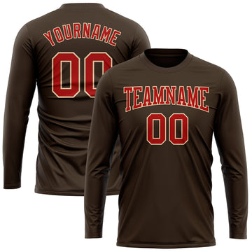 Custom Brown Red-Cream Long Sleeve Performance T-Shirt