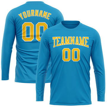 Custom Panther Blue Gold-White Long Sleeve Performance T-Shirt