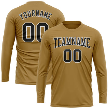 Custom Old Gold Black-White Long Sleeve Performance T-Shirt