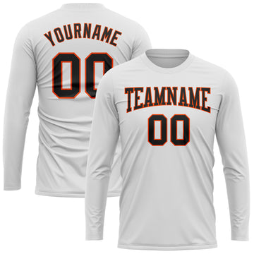 Custom White Black-Orange Long Sleeve Performance T-Shirt
