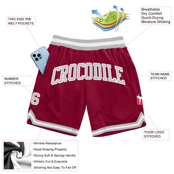 Custom Maroon Gray-White Authentic Throwback Basketball Shorts