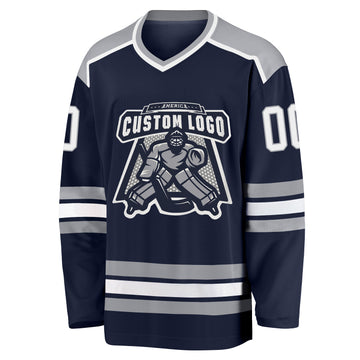 Custom Navy White-Gray Hockey Jersey