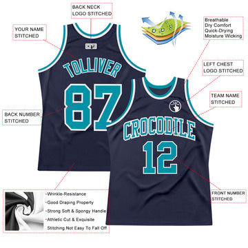 Custom Navy Teal-White Authentic Throwback Basketball Jersey
