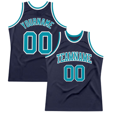 Custom Navy Teal-White Authentic Throwback Basketball Jersey