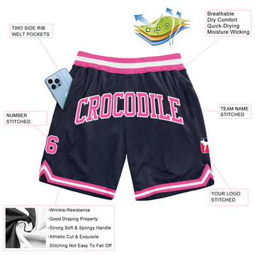 Custom Navy Pink-White Authentic Throwback Basketball Shorts