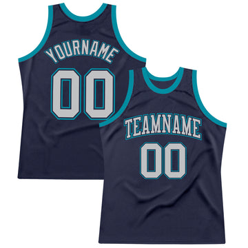 Custom Navy Gray-Teal Authentic Throwback Basketball Jersey