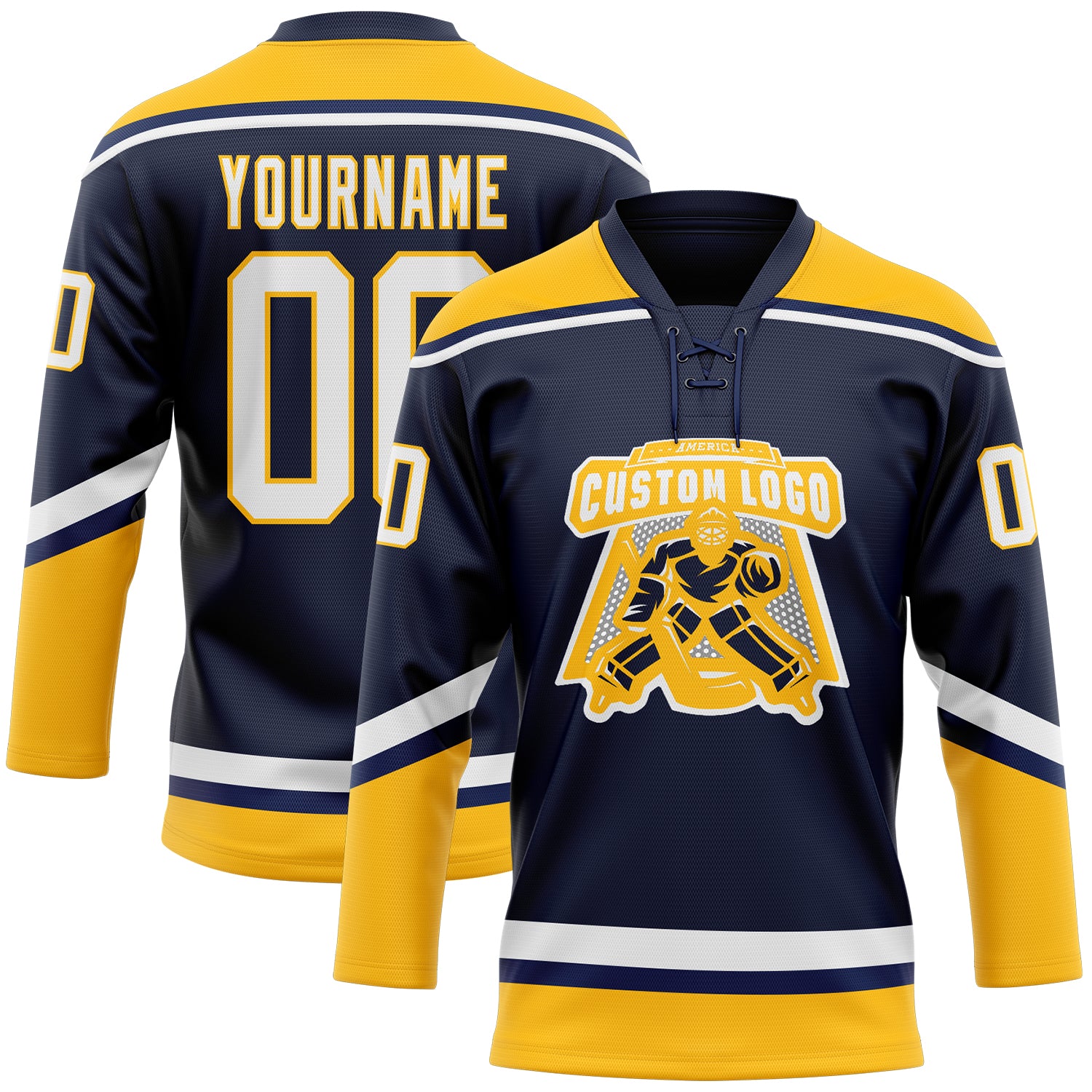 Custom Hockey Jersey Navy Red-Old Gold Hockey Lace Neck Jersey Youth Size:M