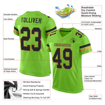 Custom Neon Green Black-Old Gold Mesh Authentic Football Jersey