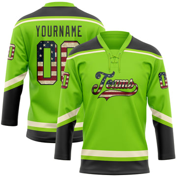 Custom Neon Green Vintage USA Flag Black-Cream Hockey Lace Neck Jersey