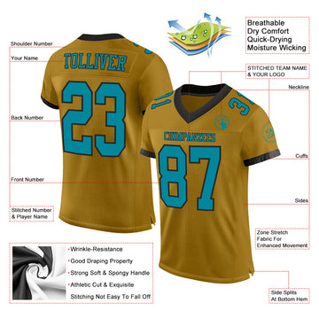 Custom Old Gold Teal-Black Mesh Authentic Football Jersey